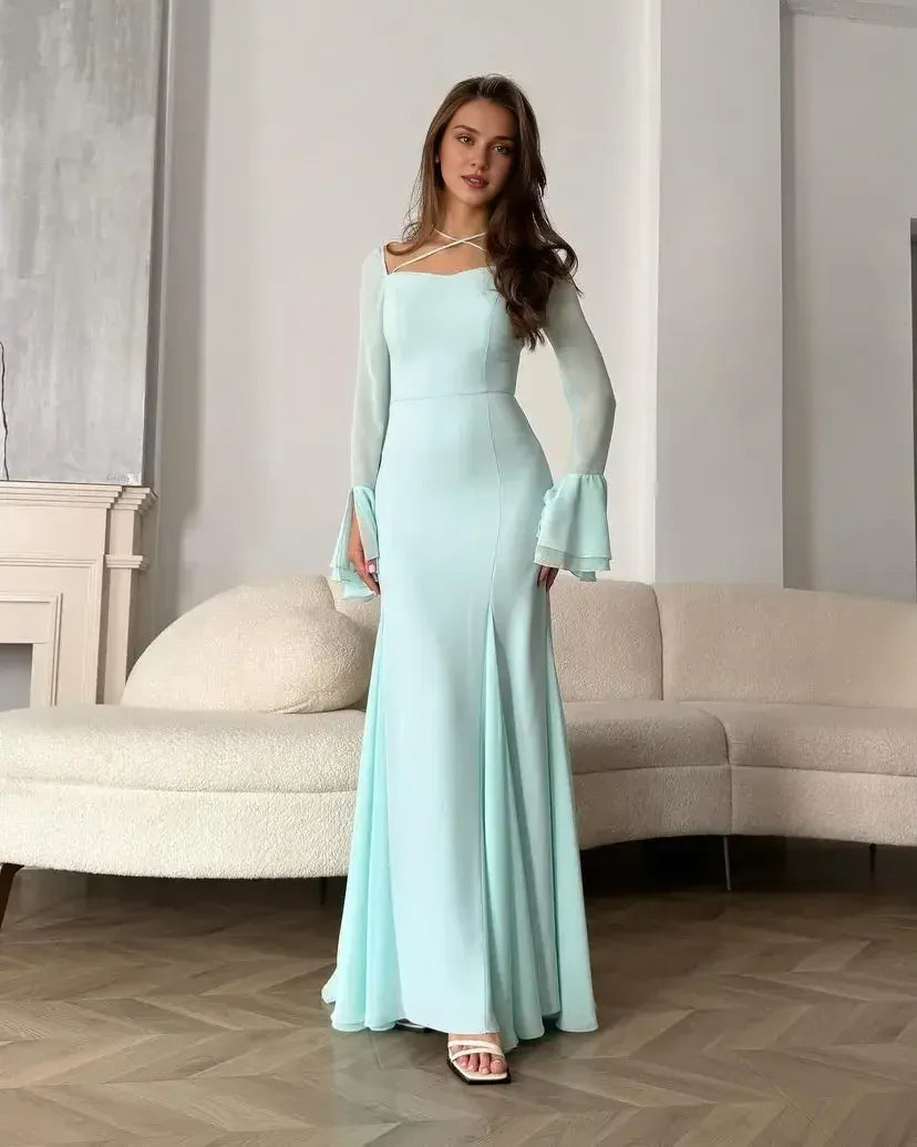 Weitese Dress Evening Dresses Mermaid Long Sleeves Prom Gowns Square Pleated Chiffon Floor Length Party Dress
